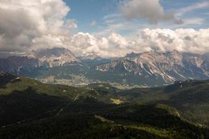 Panoramic landscape of the Cinque Torri in the  Dolomite mountains of Italy. photo