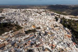 Andalusian town of Vejer de la Frontera with beautiful countryside on on a sunny day, Cadiz province, Andalusia.