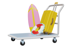 Airport trolley 3d with yellow suitcase, surfboard, lifebuoy isolated. summer travel concept, 3d illustration or 3d render png