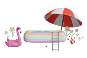 3d aufblasbar Schwimmbad mit schwimmen Ring Flamingo, Regenschirm, Strand Ball isoliert. Sommer- schmücken Konzept, 3d machen Illustration png