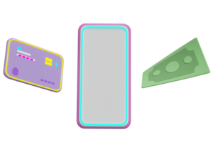 3d móvil teléfono, teléfono inteligente con crédito tarjeta, dólar billete de banco icono flotante aislado. Internet bancario, en línea compras concepto, modelo mínimo moderno, 3d hacer ilustración png