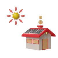 3d red modern house with solar panels, photovoltaic, sun, float coins isolated. solar power, free electricity, renewable energy concept, 3d render illustration png