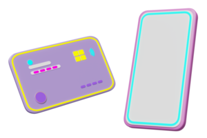 3d móvil teléfono, teléfono inteligente flotante con crédito tarjeta icono aislado. Internet bancario, en línea compras concepto, modelo mínimo moderno, 3d hacer ilustración png