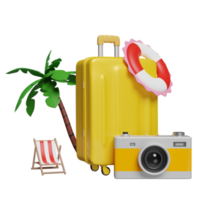 3d summer travel with yellow suitcase, beach chair, palm tree, camera, lifebuoy isolated. summer beach trip, 3d render illustration png