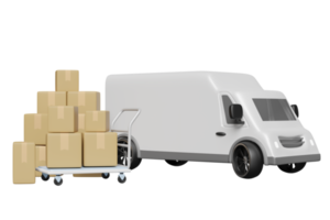 delivery van 3d, white truck with packaging, goods cardboard box, platform trolley isolated. service, transportation, shipping concept, 3d render illustration png