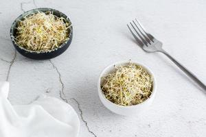 Fresh clover and alfalfa sprouts for food in a bowl on a light table. Detox organic diet photo