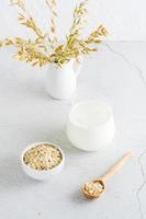 Oat milk in a glass, oatmeal in a bowl and ears in a jug on a light table. Alternative plant food. Vertical view photo