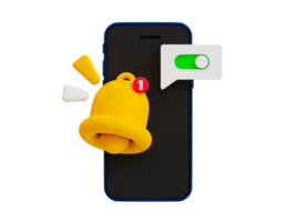 3d mínimo ligar notificação conceito. Novo atualizar lembrete. Novo notificação alerta. Smartphone com uma Sino ícone e interruptor alternancia botão. 3d ilustração. png