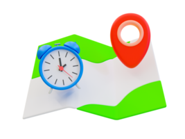 3d minimal Voyage carte icône. vacances voyage. récréatif temps concept. carte avec un alarme l'horloge et emplacement icône. 3d illustration. png