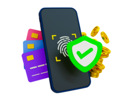 3d minimal moneyless payment concept. payment security system. online payment system. smartphone with a fingerprint screen, credit cards, and a pile of money. 3d illustration. png