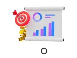 3d minimal business goal concept. Statistic data analysis. Marketing strategy. Projector board with a chart graph, dart board, and a pile of money. 3d illustration. png