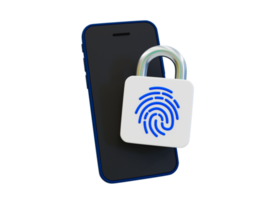 3d mínimo huella dactilar seguridad sistema. identidad verificación. seguro acceso digital identidad. blanco teléfono inteligente pantalla con un huella dactilar candado. 3d ilustración. png