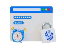 3d minimal password changing. Password forgotten. Password security. Web page with a padlock and alarm clock. 3d illustration. png