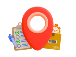 3d minimal products delivery. Parcels transportation. Goods distribution. Cargo preparation for sending. location icon with cargo, stopwatch, order clipboard, and a pen. 3d rendering illustration. png