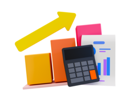 3d minimal marketing strategy concept. business analysis. marketing data analysis. Bar graph with a yellow arrow rising, statistical paper, and a calculator. 3d illustration. png