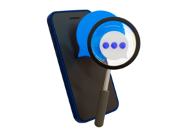 3d minimal filtering of the sending of messages. message peeping concept. word-usage checking. smartphone with a chat icon and magnifying glass. 3d illustration. png