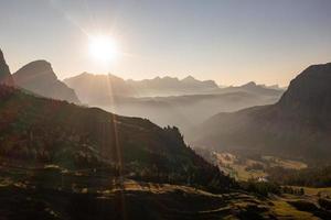 Aerial view of Gardena Pass, Passo Gardena, Rifugio Frara, Dolomiti, Dolomites, South Tyrol, Italy, UNESCO World Heritage. photo