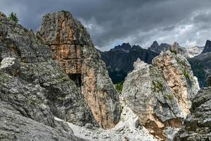 Panoramic landscape of the Cinque Torri in the  Dolomite mountains of Italy. photo