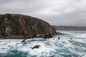 aéreo ver de campechano playa es situado en Asturias, España en un nublado día. foto