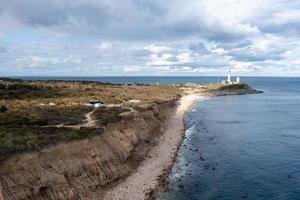 Aerial view of the Montauk Lighthouse and beach in Long Island, New York, USA. photo