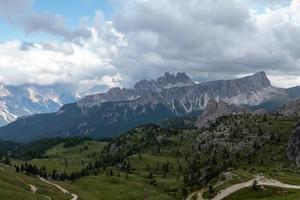 Panoramic landscape of the Cinque Torri in the  Dolomite mountains of Italy. photo