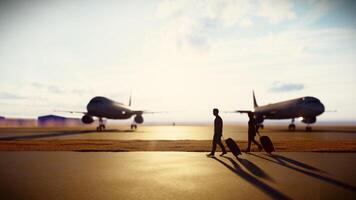 3D rendering,silhouette couple walking with suitcase on runway photo