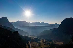 Aerial view of Gardena Pass, Passo Gardena, Rifugio Frara, Dolomiti, Dolomites, South Tyrol, Italy, UNESCO World Heritage. photo