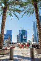 Camels resting against the backdrop of skyscrapers photo