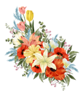 Spring floral bouquet watercolor red and yellow flower blooming png