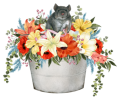 Spring floral watercolor with cute rat animal png