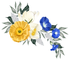 Spring floral bouquet watercolor blue and yellow flower blooming png