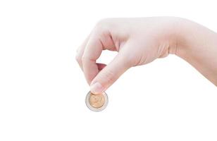 woman hand putting a coin isolated on white background,Donation Investment Fund Financial Support Charity  Dividend Market Growth Home  Giving Planned Accounting Collection Debt Banking ROI photo