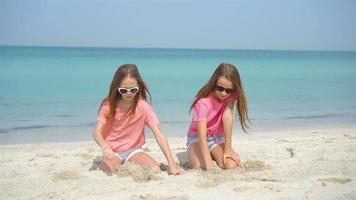 Two little happy girls have a lot of fun at tropical beach playing together video