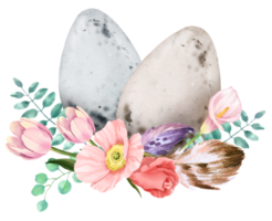 Easter Eggs with spring flower bouquet watercolor png