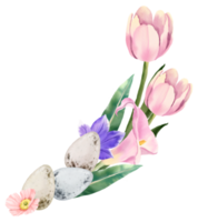 Easter Eggs with spring flower bouquet watercolor png