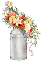 Primavera floral aguarela com vintage balde png