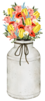 Spring floral watercolor with vintage bucket png
