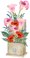 Primavera floral aguarela com vintage balde png