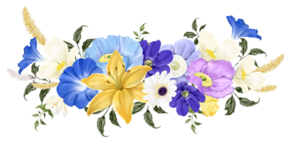 Primavera floral ramalhete aguarela azul e amarelo flor florescendo png