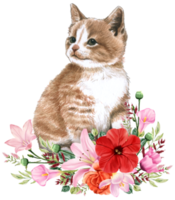 Spring floral watercolor with cute cat animal png