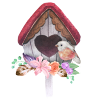 vogelhuisje met voorjaar bloem waterverf png