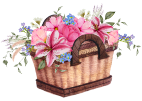 Primavera flor com vintage cesta aguarela png