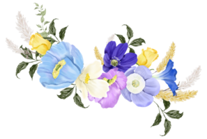 Spring floral bouquet watercolor blue and yellow flower blooming png