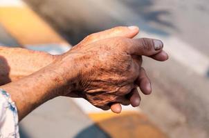 Hands of old woman,Labor hand at dirty ,concept for poverty or hunger people,human Rights,donate and charity for underprivileged elderly people in third world photo