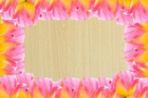 Tulips, frame  Fresh spring tulips flowers with space for text  on wooden background photo