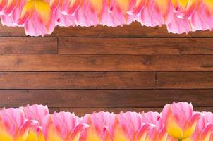 Tulips, frame  Fresh spring tulips flowers with space for text  on wooden background photo