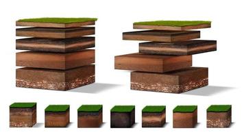 Isometric Soil Layers diagram, Cross section of green grass and underground soil layers beneath, stratum of organic, minerals, sand, clay, Isometric soil layers isolated on white photo