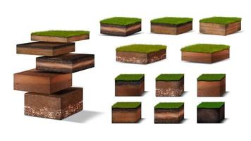 Isometric Soil Layers diagram, Cross section of green grass and underground soil layers beneath, stratum of organic, minerals, sand, clay, Isometric soil layers isolated on white photo