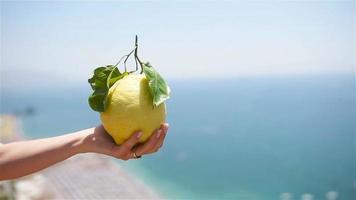 Big yellow lemon in hand in background of mediterranean sea and sky. video