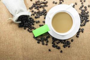 Cup of fresh coffee with coffee beans on burlap warm cup on brown background top view with free space for text photo